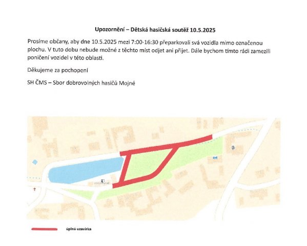 Upozornění - Dětská hasičská soutěž 10.05.2025
