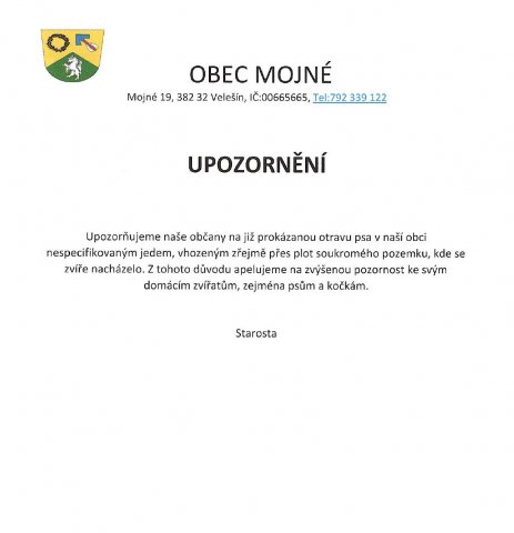 Upozornění - prokázaná otrava psa v obci